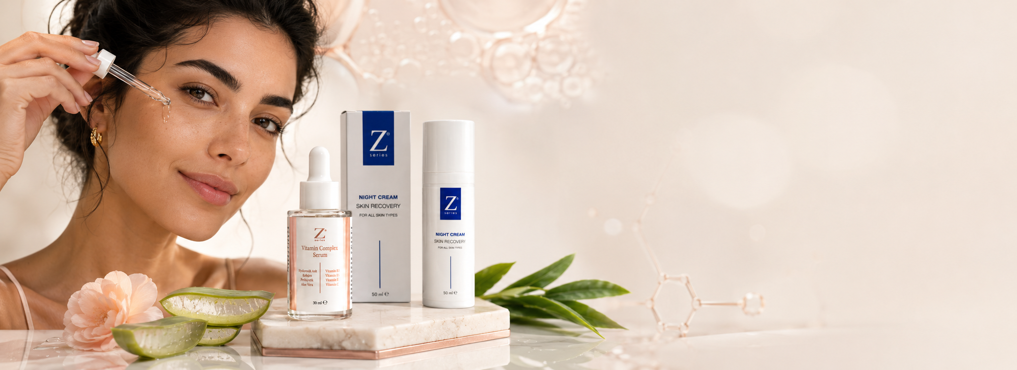 ایک خاتون ڈراپر سے چہرے پر سیرم لگا رہی ہے، ساتھ میں Z Series Vitamin Complex Serum اور Night Cream رکھی ہیں