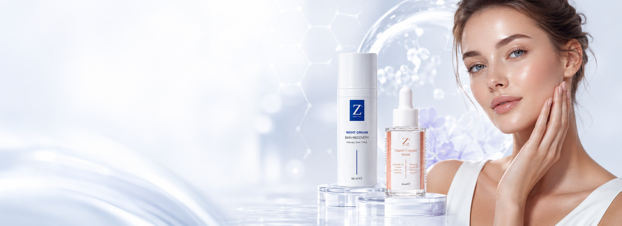 ایک خاتون اپنے گال کو چھو رہی ہے، ساتھ میں Z Series Night Cream اور Vitamin Complex Serum کی شیشیاں رکھی ہیں